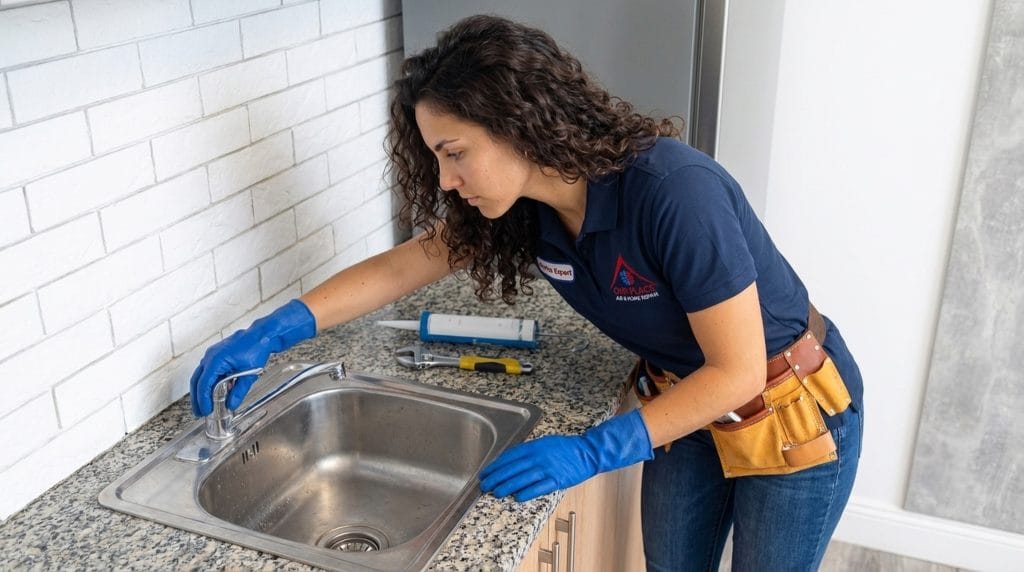 Our Place plumber repairing a kitchen sink faucet inside a home