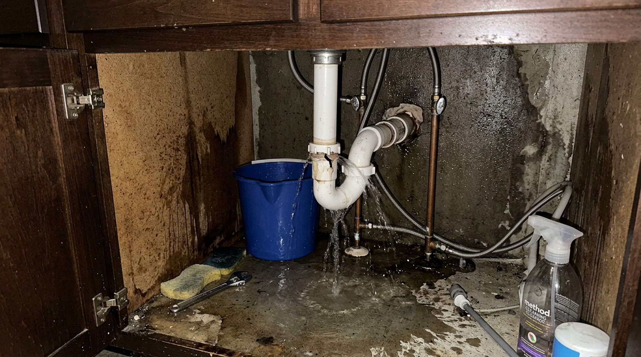 Active plumbing pipe leak under a sink causing water damage inside the cabinet
